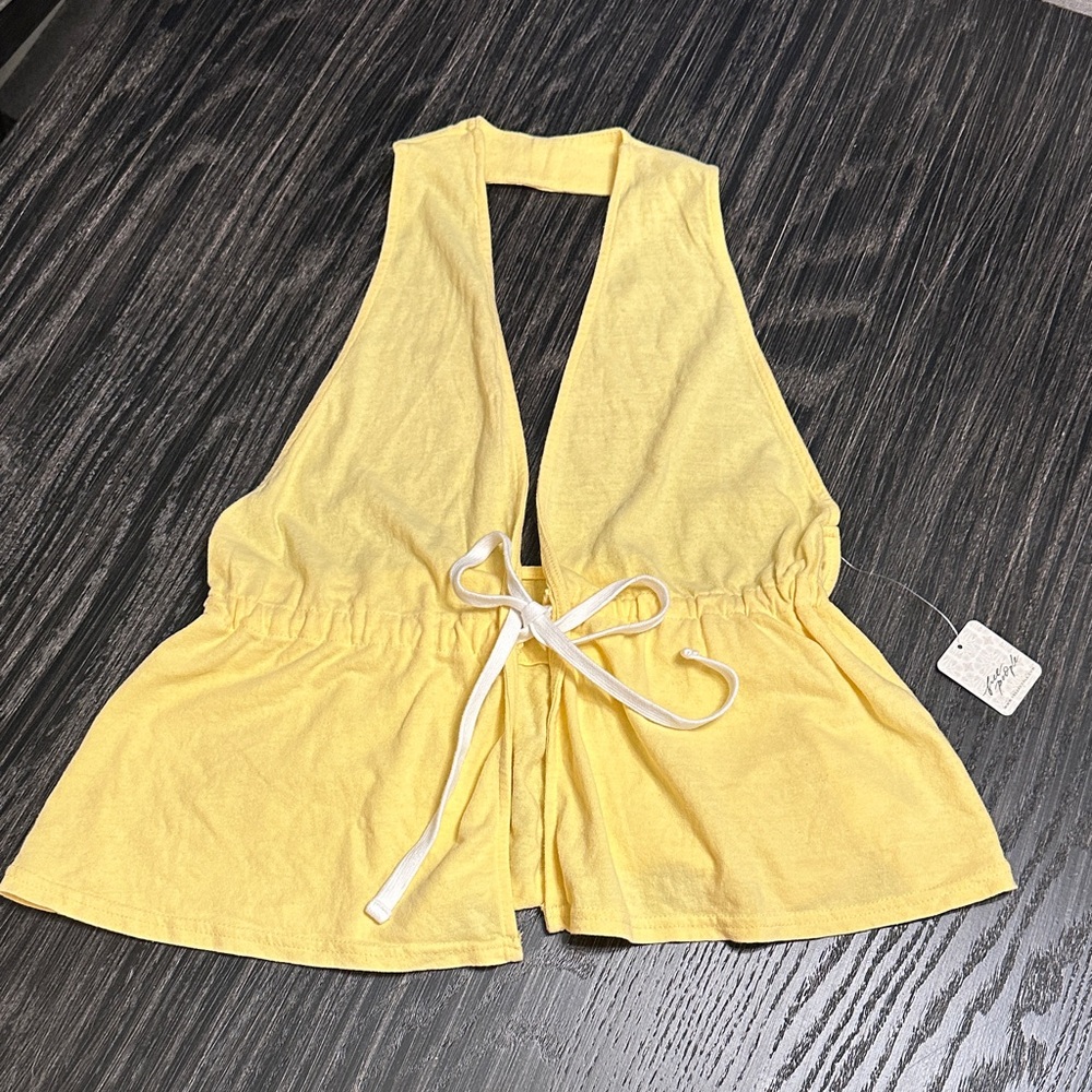 Free People Allegra Banana Yellow Halter Tie Front Flowy Top, Medium - Picture 4 of 13